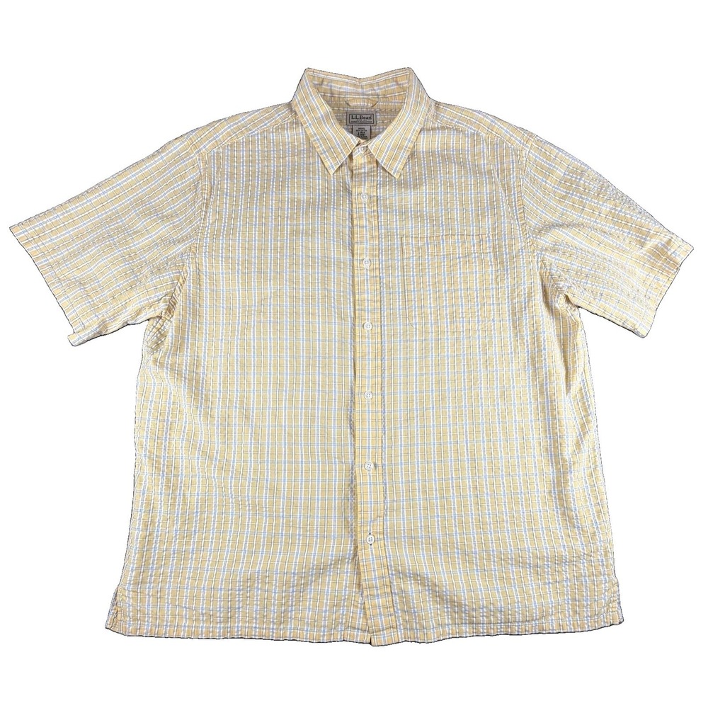 L.L. Bean Shirt Mens Large Yellow Plaid Short Sleeve Button Up Casual Outdoor